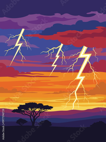 A breathtaking illustration of a thunderstorm with harsh lightning strikes against a vibrant sunset, showcasing the power and beauty of nature's elements in harmony.