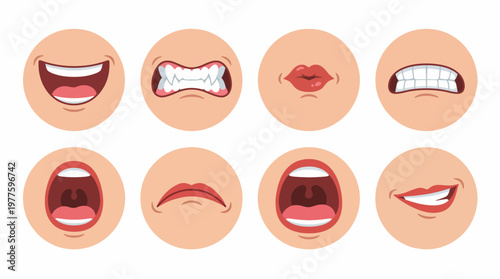 An array of eight different mouth expressions showcasing a range of emotions, emphasizing the importance of non-verbal communication in human interactions and feelings.
