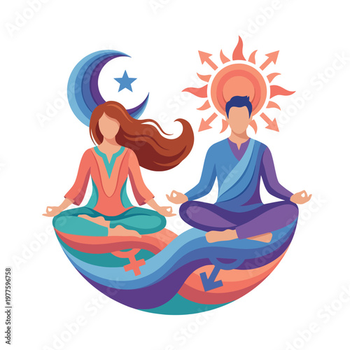 A fluid illustration representing the balance between spirituality and humanity with symbols for femininity and masculinity, showcasing the unity of duality in existence.