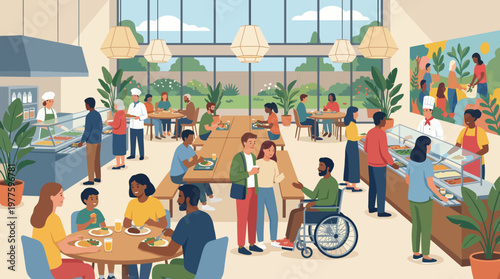 A lively community cafe scene featuring diverse individuals dining, showcasing shared experiences and the joy of food in a welcoming environment.