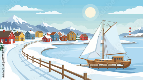A serene winter landscape featuring a picturesque town and a sailing boat against majestic mountains, capturing the beauty of rural tranquility in winter.