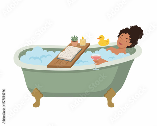 A calm and cozy scene featuring a woman in a bathtub enjoying a relaxing moment with a book, plant, and cocktail, emphasizing self-care and tranquility.