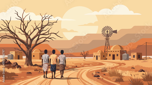 A striking illustration of three figures walking through a dusty desert landscape, evoking themes of adventure, exploration, and the journey of life.