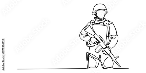 Continuous line drawing of a soldier in full tactical gear holding a rifle on white background.
