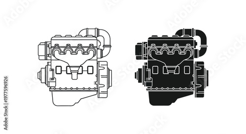 Detailed engine diagrams one white and one black presented as a silhouette
