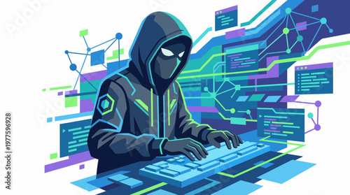 An intriguing image displaying a mysterious hooded figure using a keyboard, surrounded by abstract digital elements, symbolizing the essence of technology and cyber exploration.