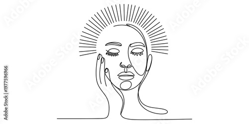 Minimalist line art illustration of a woman with closed eyes and a radiant sun halo behind her head