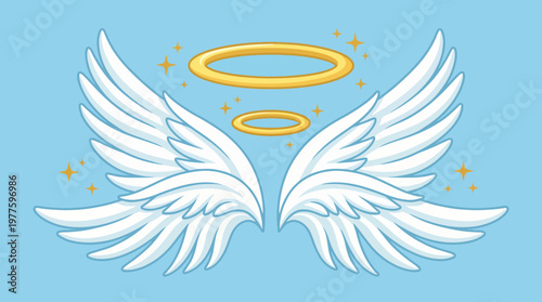 Canvas Print A beautiful illustration featuring angelic wings with a golden halo above, representing purity, protection, and spirituality, evoking feelings of hope and transcendence in a soft blue background