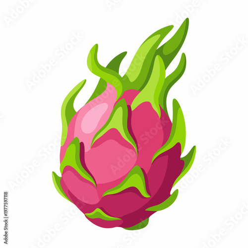 A beautifully rendered illustration of a fresh dragon fruit, showcasing its vibrant pink skin and green spikes, emphasizing the exotic and nutritious elements of this tropical fruit.