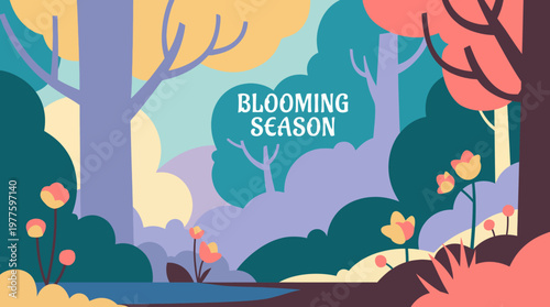 An enchanting landscape illustration depicting a colorful blooming forest, showcasing the vibrant springtime flowers and lush greenery, inviting viewers into a magical setting of nature.