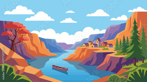 A vibrant illustration showcasing a picturesque valley with colorful cliffs, a flowing river, and charming houses, highlighting the beauty of nature and peaceful living.