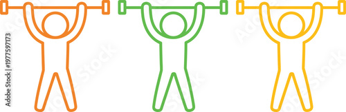 Three stylized human figures connected by horizontal lines in varying colors