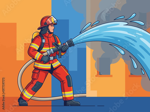 An action-packed scene of a brave firefighter using a hose to combat a fire, showcasing courage, heroism, and the importance of safety in emergencies.