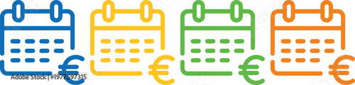 Colorful calendar icons paired with euro currency symbols for financial planning visualization