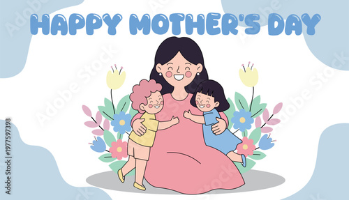 Happy Mother's Day banner featuring mom hugging her cute son and daughter surrounded by colorful flowers and plants against blue sky background with text font for family holiday celebrate