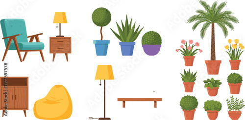 Set of Indoor Furniture and Potted Plants Including Chairs, Tables, and Lamps for Home, Living Room, and Decor Designs