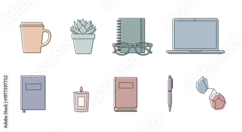 Assorted desk stationery and electronics setup.