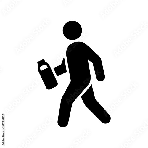 Canvas Print Stick figure walking right carrying bottle and paper, minimalist pictogram of er