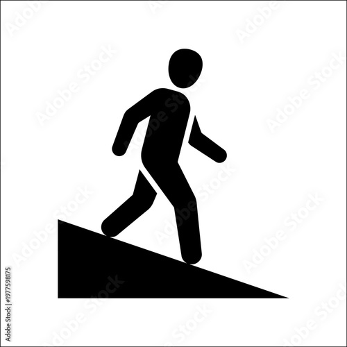 Humanoid figure climbing steep incline, dynamic pictogram of effort and movement