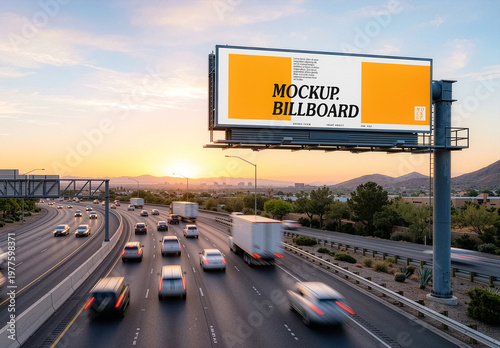 Highway Road Billboard Mockup. Advertising Screen on Rural Road at Sunset