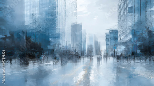 Blue cityscape through rain-slicked glass. Reflections blur skyscrapers in misty gray haze. Urban skyline fades into soft, cool tones. Silent wet streets mirror distant buildings