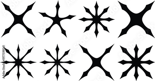 Collection of Eight Black Spiked Star Shapes on White Background sharp point