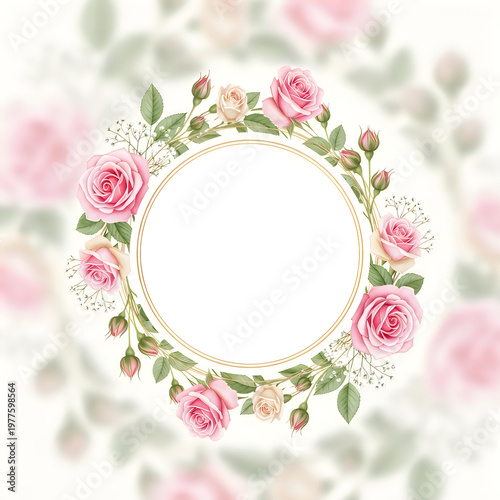 Beautiful floral frame with pink roses and buds isolated on white background