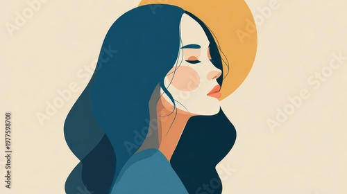 Woman portrait in profile with abstract sun illustration and beige background
