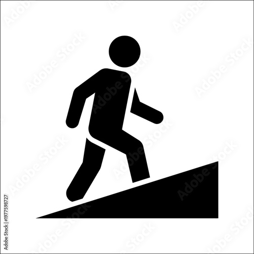 Stick figure running up steep incline, dynamic pictogram of effort and ascent