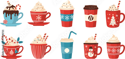 Set of Festively Decorated Hot Drinks in Cups with Holiday Themes for Christmas, Winter, and Seasonal Beverage Designs