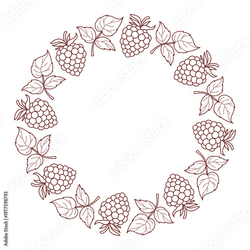 Outline Round Wreath Frame with Blackberries. Botanical Forest Wild Berry Circle Border. Line drawing, coloring page. Organic Fruit Template with Empty Copy Space. Vector Illustration.