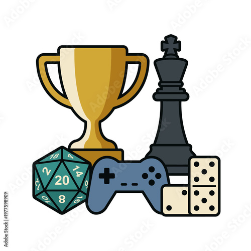 A collection of gaming elements including a trophy, dice, and game controller representing fun, competition, and the excitement of board and video games.