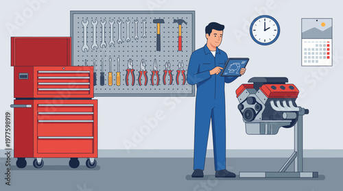 A dedicated mechanic inspects and works on an engine in a well-equipped auto repair shop, showcasing skill, precision, and a passion for automobiles.
