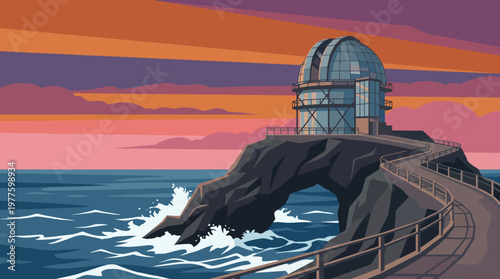 A stunning view of an observatory perched atop a rocky coastline during a colorful sunset, offering a tranquil setting for stargazing and exploration.
