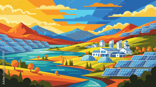A colorful landscape showcasing solar panels in a lush valley with mountains in the background, representing sustainable energy and the harmony between nature and technology.