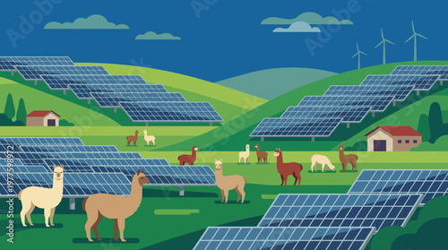 A vibrant landscape featuring llamas peacefully grazing among solar panels, symbolizing sustainability and the harmony between nature and technology in a visually appealing setting.