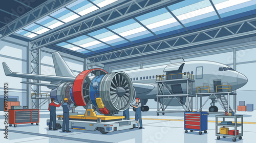 Inside an aircraft hangar, mechanics are diligently attending to an aircraft engine, showcasing teamwork and precision in maintaining flight technology and aviation safety.