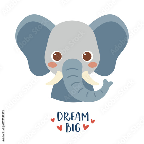 An adorable illustration of an elephant accompanied by the motivational phrase 'Dream Big', aimed at inspiring positivity, ambition, and endless possibilities for children and families.