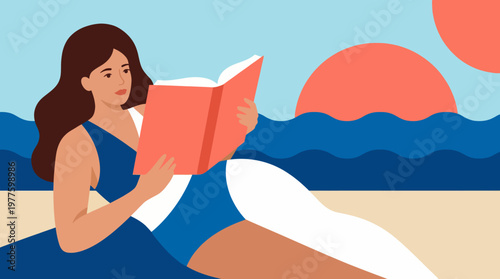 A serene beach scene featuring a woman comfortably reading a book while lounging, capturing moments of relaxation, escape, and the simple joys of summer by the ocean waves.