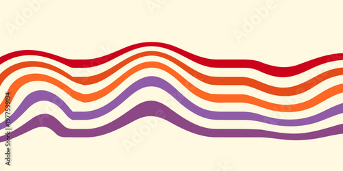 Abstract colorful 70s background vector. Vintage retro wallpaper with rainbow stripes and wavy lines. A 1970 color illustration suitable for posters, banners, decorative items and wall art.