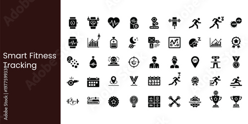 Smart Fitness Tracking and Athletic Performance Monitoring Glyph Icon Set