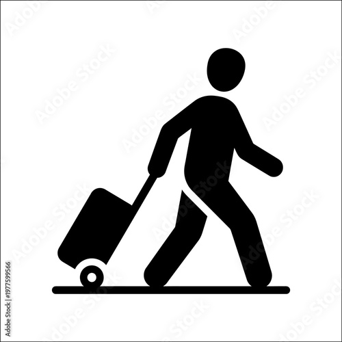 Person walking while pulling wheeled suitcase, travel movement pictogram