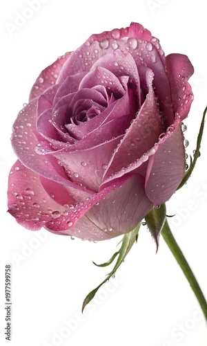 Close-up of a dew-kissed purple rose with vibrant petals