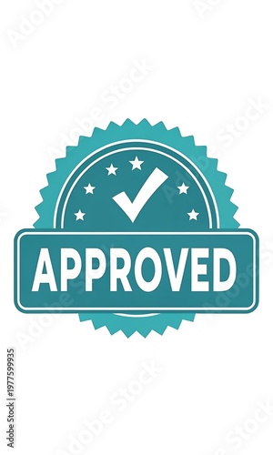 Teal approved stamp with check mark icon and stars