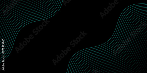 Minimalist black background with teal flowing lines, abstract wave pattern with copy space
