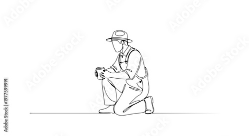 Gardener kneeling with plant pot. One line drawing vector illustration. Minimalist spring planting concept. Continuous line art isolated on white