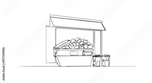 Industrial dumpster and trash bins. One line drawing vector illustration. Minimalist waste management concept. Continuous line art isolated on white