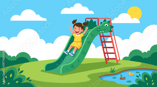 Konstfotografi A cheerful child with pigtails is sliding down a green dragon-shaped slide in a bright and colorful playground under a clear blue sky, capturing the essence of childhood joy