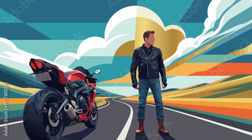 A silhouetted figure stands next to a motorcycle on an open road, surrounded by stylized hills and clouds, evoking feelings of adventure and freedom in a vibrant artistic landscape.