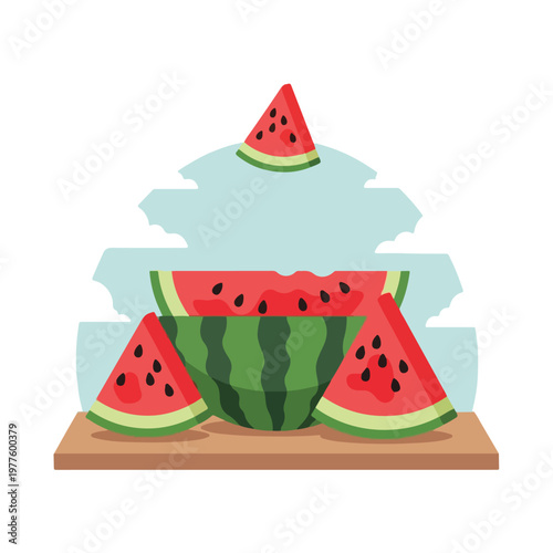 Fresh Watermelon Slices and Half Watermelon on a Wooden Board.